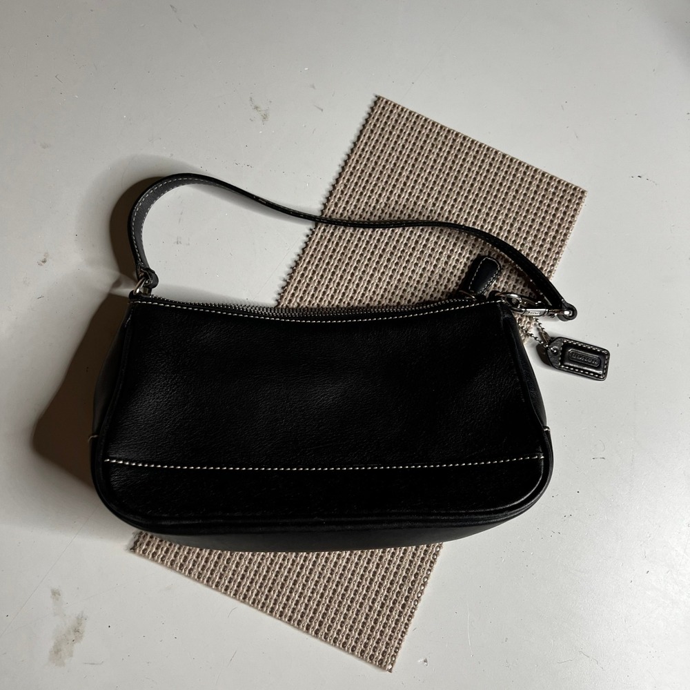 Coach 7785 Soho Black Leather Small Hobo Bag Mini Baguette White Stitching